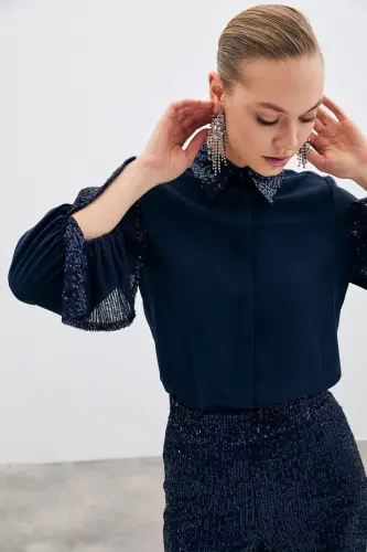 Sequin Detailed Shirt - NAVY-NAVY - 3