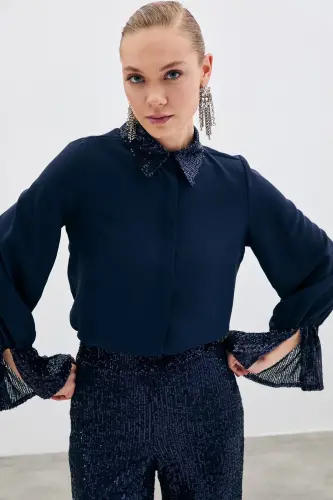 Sequin Detailed Shirt - NAVY-NAVY - 4