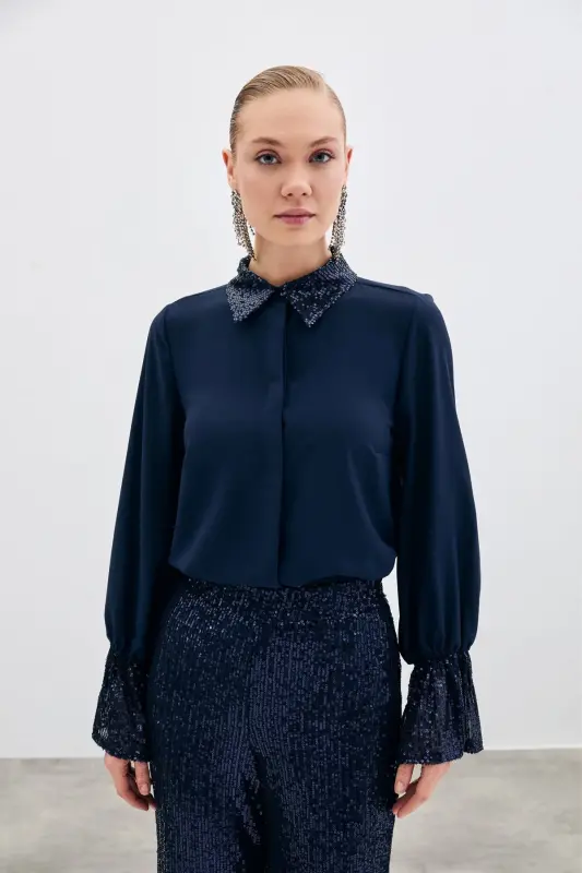 Sequin Detailed Shirt - NAVY-NAVY - 5