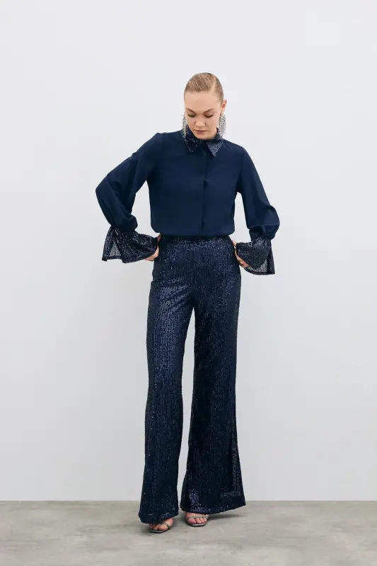 Sequin Detailed Shirt - NAVY-NAVY - 6