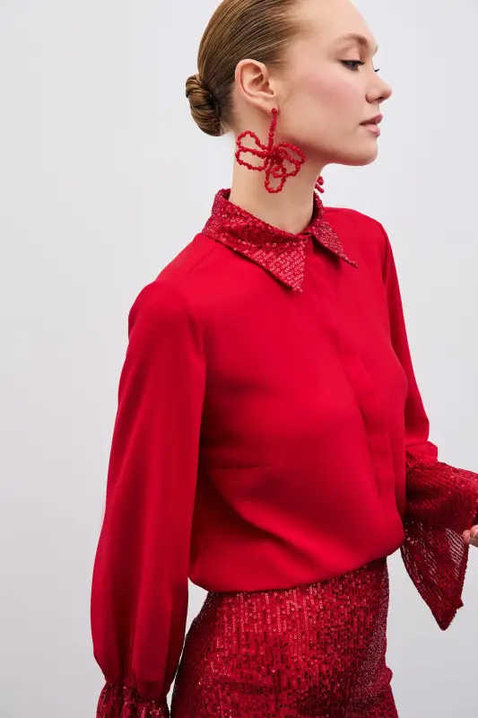 Sequin Detailed Shirt - Red-Red - 1