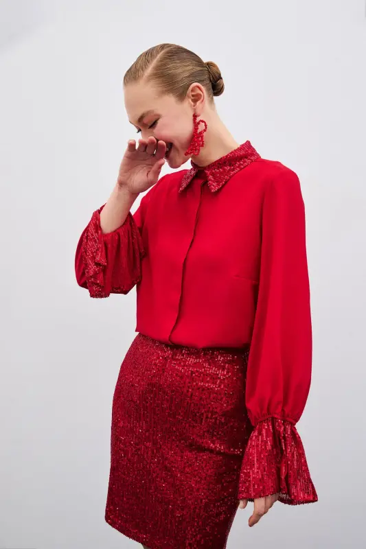 Sequin Detailed Shirt - Red-Red - 3