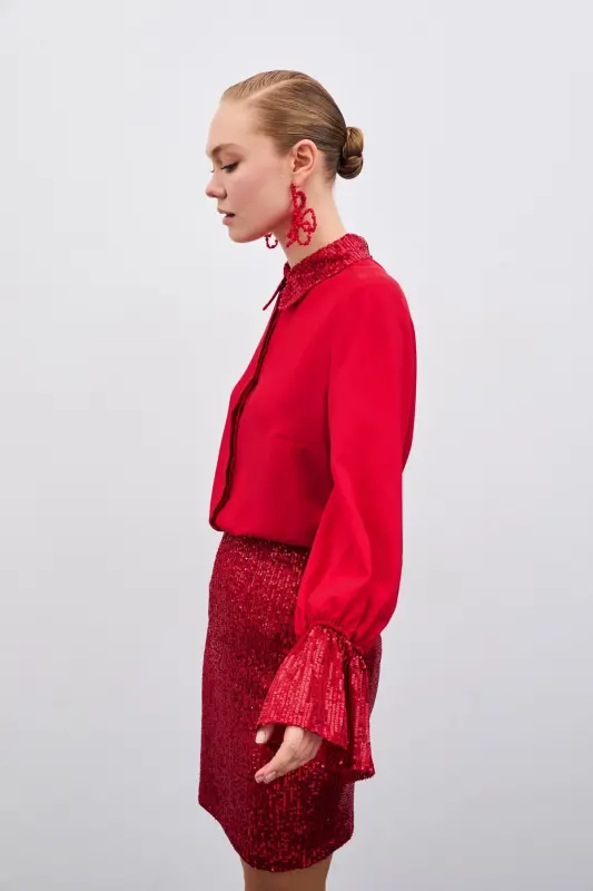 Sequin Detailed Shirt - Red-Red - 4