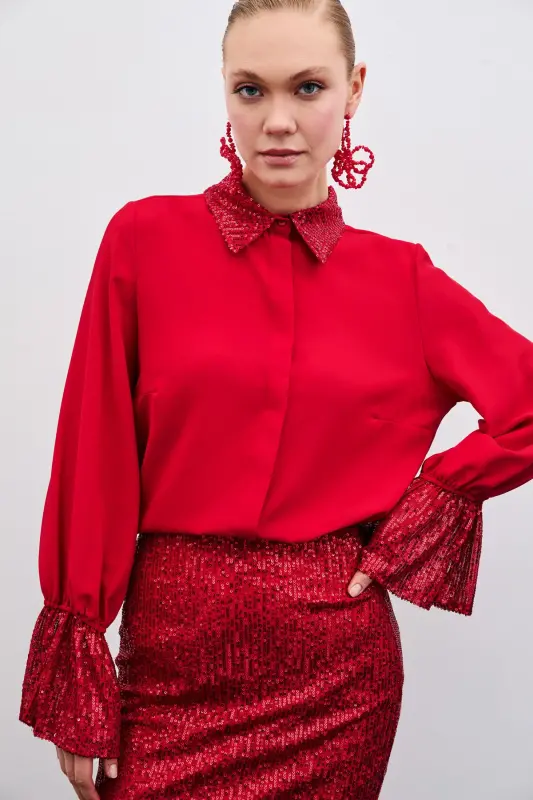 Sequin Detailed Shirt - Red-Red - 5