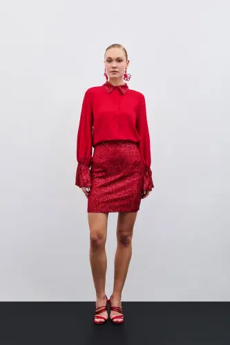Sequin Detailed Shirt - Red-Red - 7