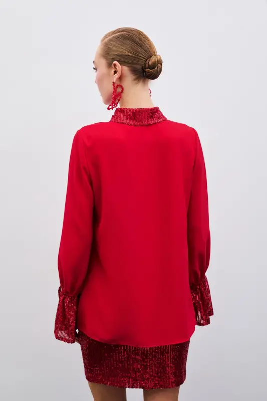 Sequin Detailed Shirt - Red-Red - 8