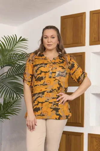 Sequin Detailed Voile Viscose Plus Size Orange Blouse - 1