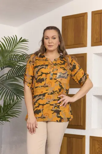 Sequin Detailed Voile Viscose Plus Size Orange Blouse - 1