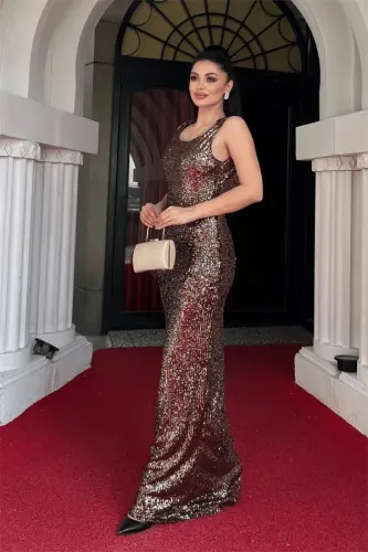 Sequin Embellished Backless Evening Dress - BRONZE - BÜYÜKBEDENIZ (1)