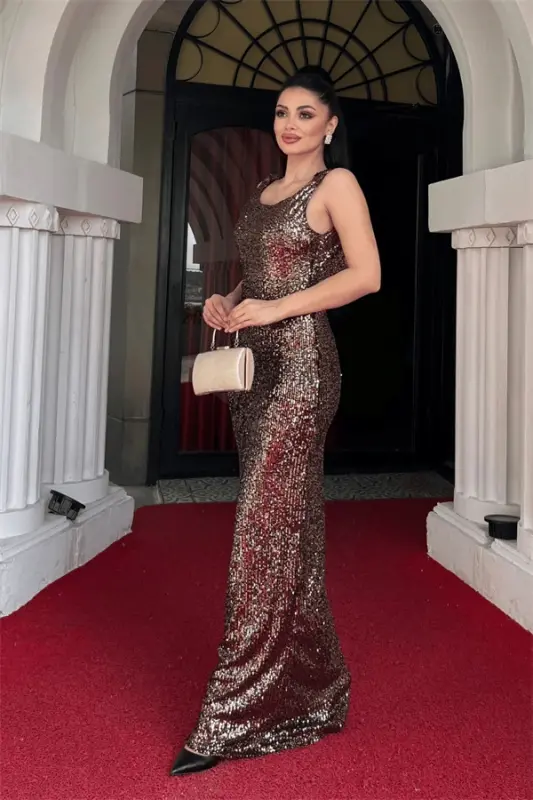 Sequin Embellished Backless Evening Dress - BRONZE - 2