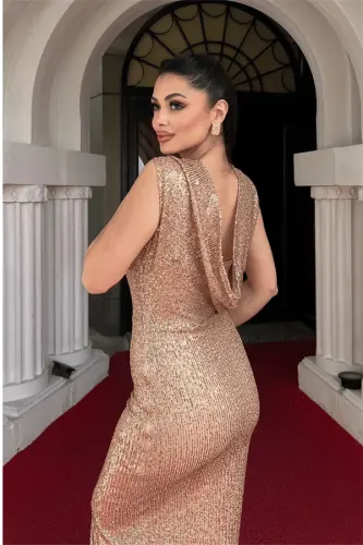 Sequin Embellished Backless Evening Dress - GOLD - 4