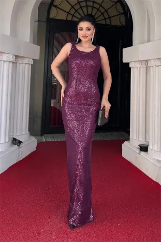 Sequin Embellished Backless Evening Dress - PURPLE - 1