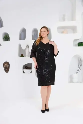 Sequin Embellished Plus Size Evening Dress Black - 1