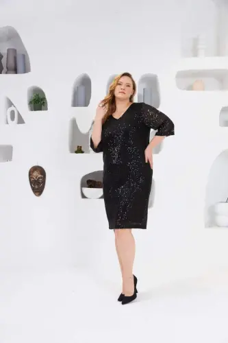 Sequin Embellished Plus Size Evening Dress Black - BÜYÜKBEDENIZ (1)