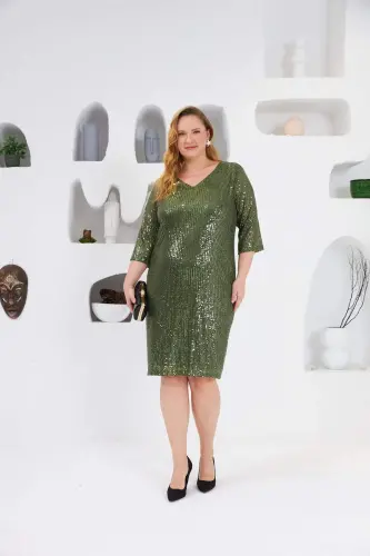 Sequin Embellished Plus Size Evening Dress Khaki - 1