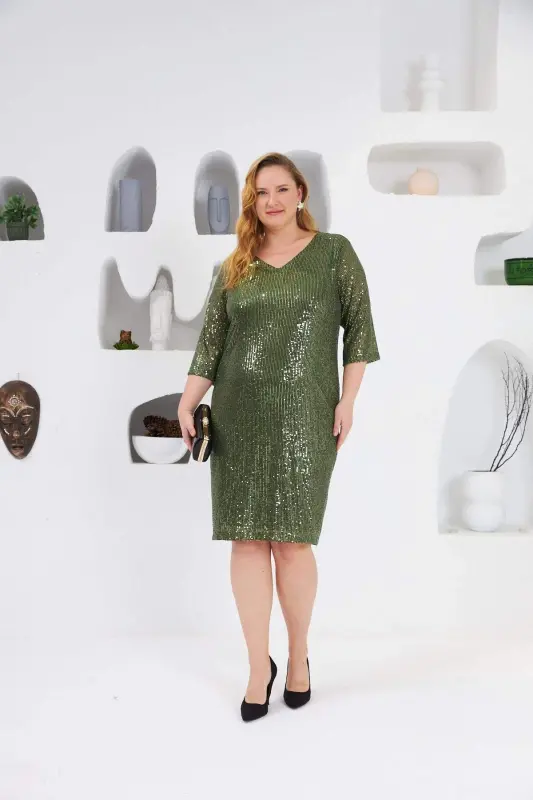 Sequin Embellished Plus Size Evening Dress Khaki - BÜYÜKBEDENIZ
