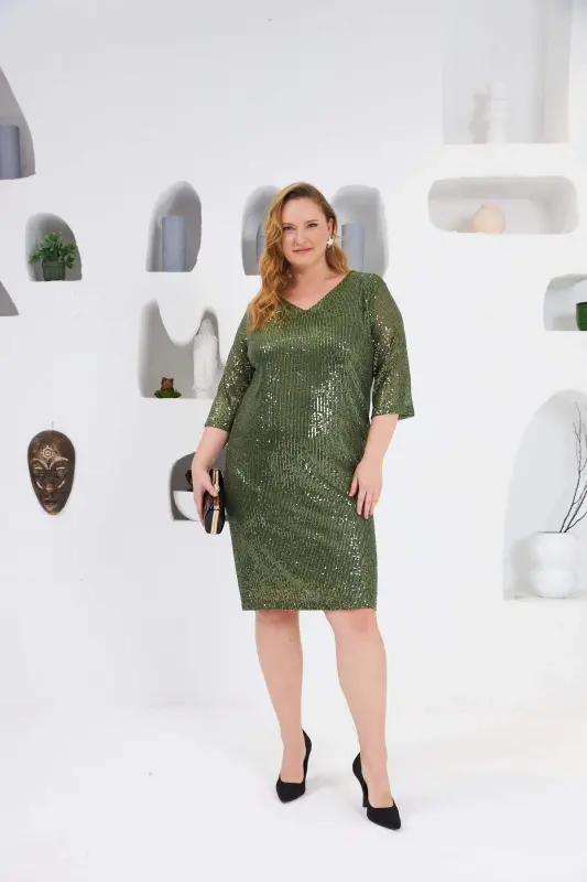 Sequin Embellished Plus Size Evening Dress Khaki - 3
