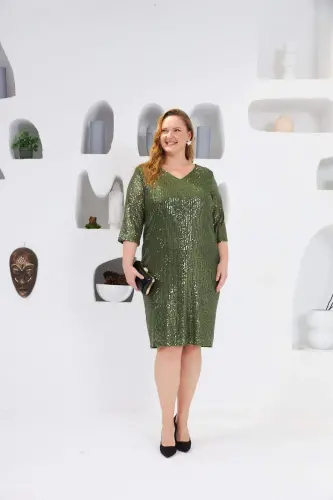 Sequin Embellished Plus Size Evening Dress Khaki - 4