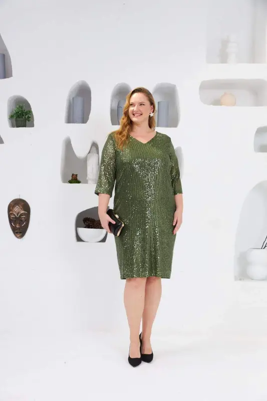 Sequin Embellished Plus Size Evening Dress Khaki - 4