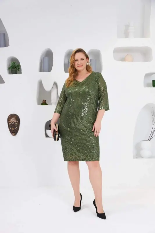 Sequin Embellished Plus Size Evening Dress Khaki - 4