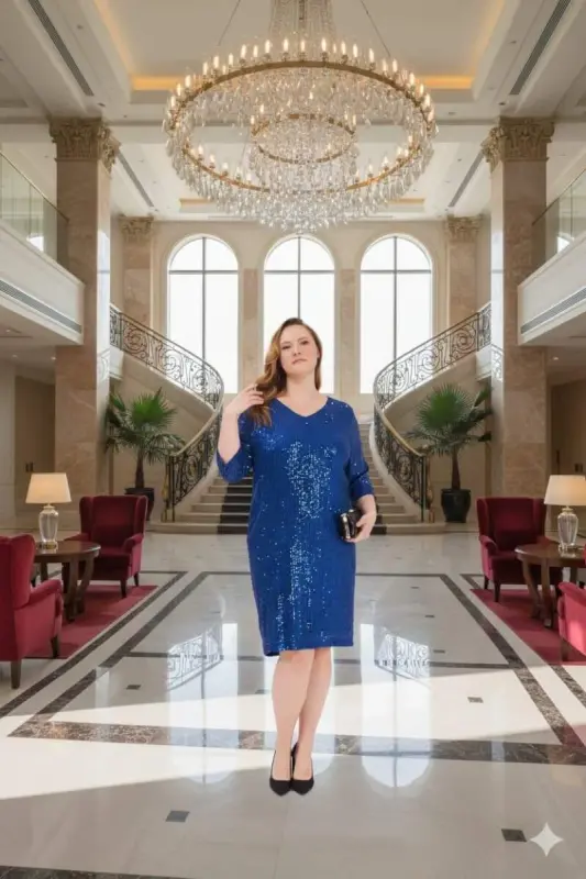 Sequin Embellished Plus Size Evening Dress Sapphire - BÜYÜKBEDENIZ