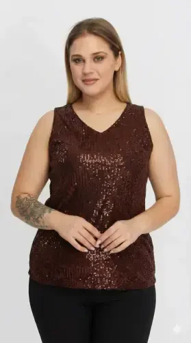 Sequin Embellished Plus Size Sleeveless Brown Blouse - 1