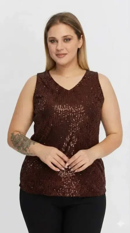 Sequin Embellished Plus Size Sleeveless Brown Blouse - 1