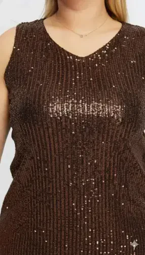 Sequin Embellished Plus Size Sleeveless Brown Blouse - 2