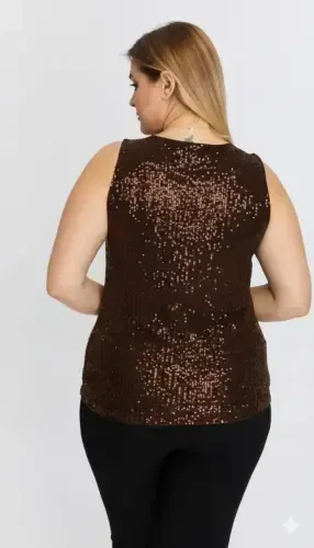 Sequin Embellished Plus Size Sleeveless Brown Blouse - 3