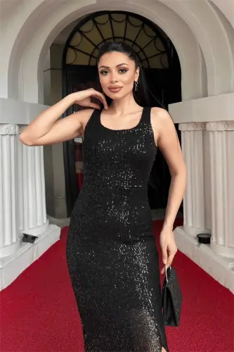 Sequin Embellished Thick Strap Fishtail Evening Dress - BLACK - 4