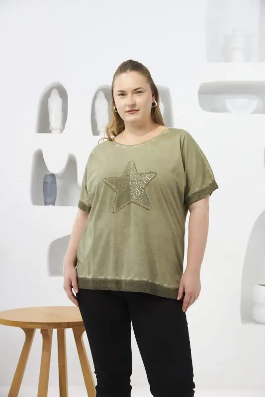 Sequin Embroidered Plus Size Painted T-Shirt Khaki - 1