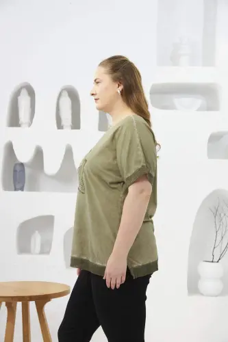 Sequin Embroidered Plus Size Painted T-Shirt Khaki - BÜYÜKBEDENIZ (1)