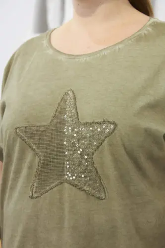 Sequin Embroidered Plus Size Painted T-Shirt Khaki - 3