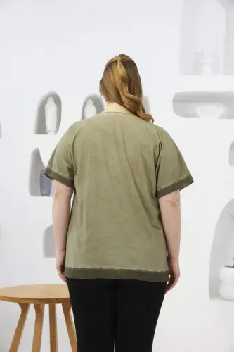 Sequin Embroidered Plus Size Painted T-Shirt Khaki - 4