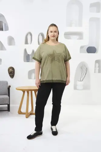 Sequin Embroidered Plus Size Painted T-Shirt Khaki - 5