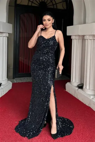 Sequin Fabric Back Lace-up Fish Evening Dress - NAVY BLUE - 1