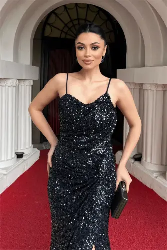 Sequin Fabric Back Lace-up Fish Evening Dress - NAVY BLUE - 4