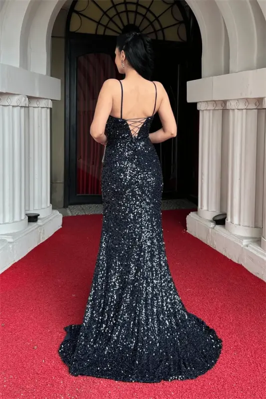 Sequin Fabric Back Lace-up Fish Evening Dress - NAVY BLUE - 5