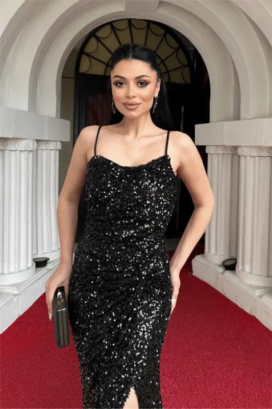 Sequin Fabric Back Strapped Fishtail Evening Dress - BLACK - 3