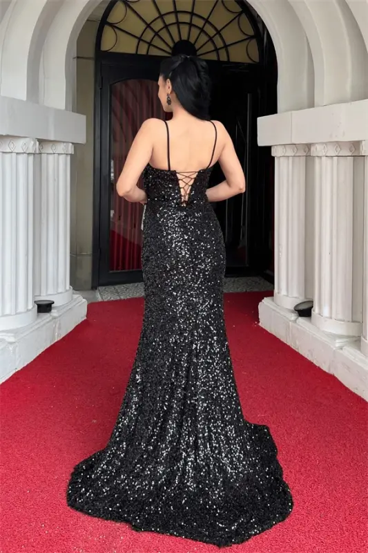 Sequin Fabric Back Strapped Fishtail Evening Dress - BLACK - 5