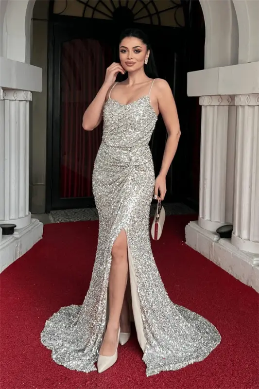 Sequin Fabric Back Strapped Fishtail Evening Dress - GOLD - 1