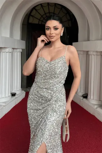 Sequin Fabric Back Strapped Fishtail Evening Dress - GOLD - 3