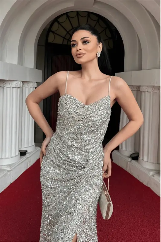 Sequin Fabric Back Strapped Fishtail Evening Dress - GOLD - 4