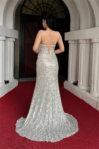 Sequin Fabric Back Strapped Fishtail Evening Dress - GOLD - 5