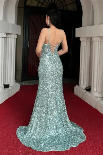 Sequin Fabric Back Strapped Fishtail Evening Dress - MINT GREEN - 5