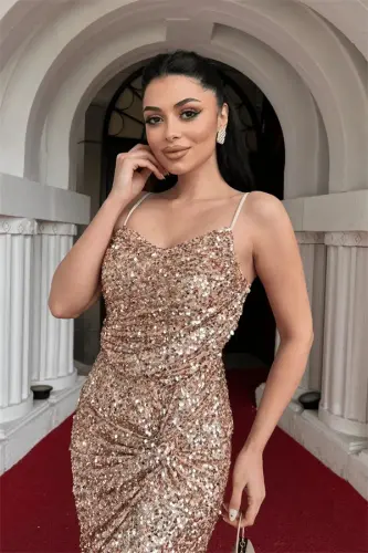 Sequin Fabric Back Strappy Fishtail Evening Dress - BRONZE - 4