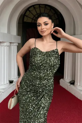 Sequin Fabric Back String Fish Evening Dress - KHAKI GREEN - 4