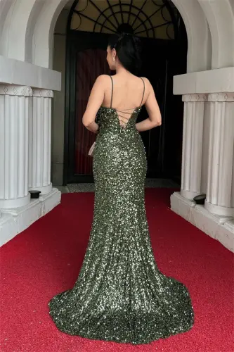 Sequin Fabric Back String Fish Evening Dress - KHAKI GREEN - 5