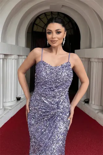 Sequin Fabric Back String Fish Evening Dress - LILAC - 3