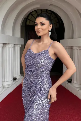 Sequin Fabric Back String Fish Evening Dress - LILAC - 4